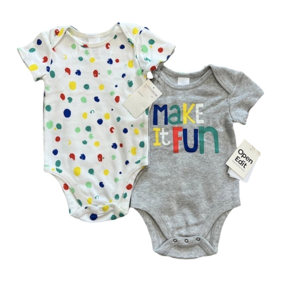 Open Edit 2 Pack Onesie Polka Dot Make it Fun Bodysuit Set Short Sleeve 18 Month